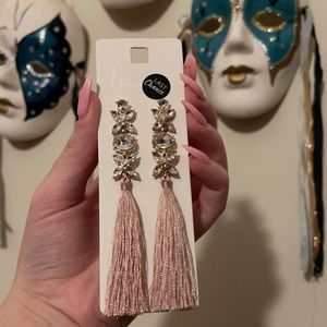 I am Brand. Silver crystals with gold lining and light pink tasseled earrings